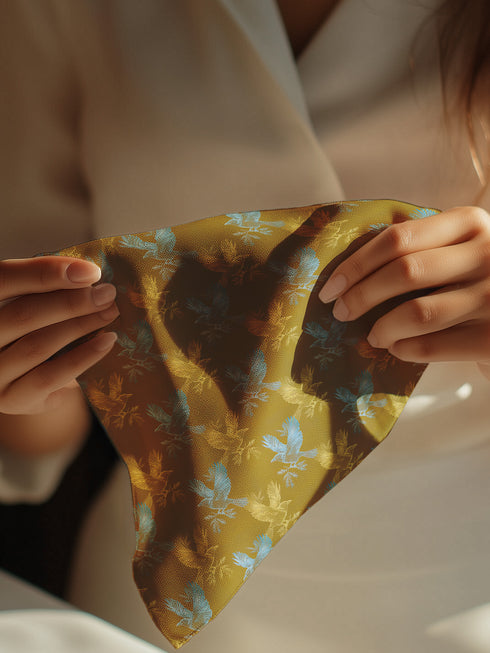 Set of four golden cloth napkins featuring alternating powder blue and metallic gold ravens in flight, sized 18x18 inches.